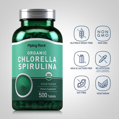 Piping Rock Chlorella Spirulina Organic | 500 Tablets | Vegetarian, Non-GMO and Gluten Free Supplement