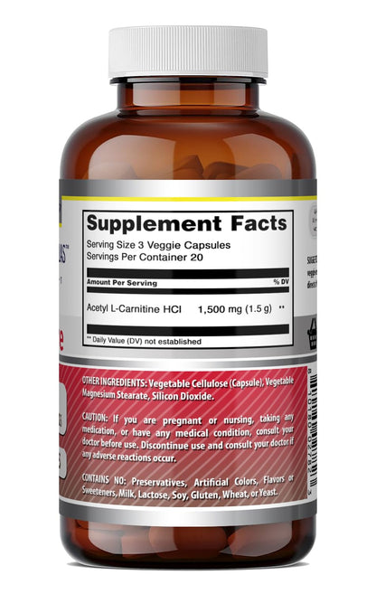 Amazing Formulas Acetyl L-Carnitine | 1500 per Serving Supplement | Vegetarian Capsules | Non-GMO | Gluten-Free | Made in USA (1 Pack | 120 Count)