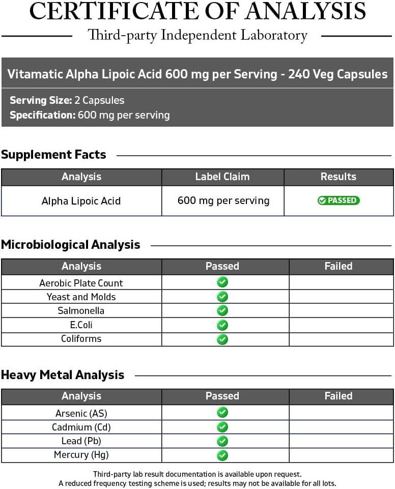 Vitamatic Alpha Lipoic Acid 600 mg Per Serving, 240 Veg Capsules | Support Antioxidant Activity*, Cellular Energy and Glucose Metabolism*, Non-GMO, Gluten Free, Made in USA
