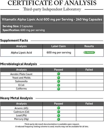 Vitamatic Alpha Lipoic Acid 600 mg Per Serving, 240 Veg Capsules | Support Antioxidant Activity*, Cellular Energy and Glucose Metabolism*, Non-GMO, Gluten Free, Made in USA