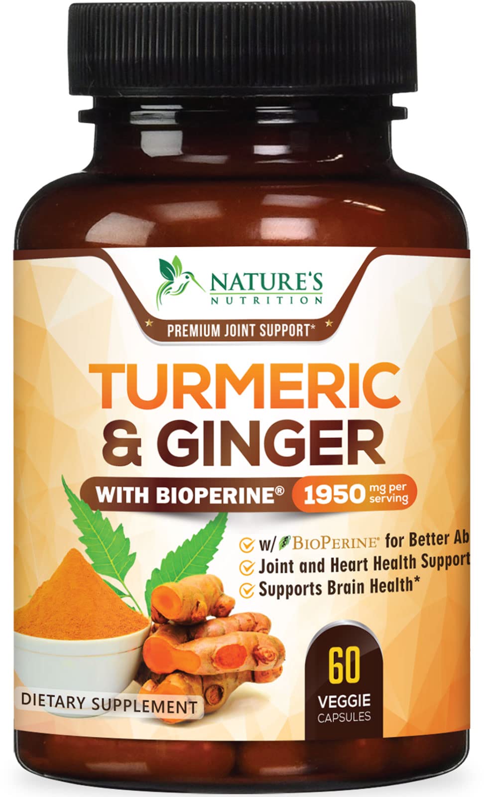 Turmeric Curcumin with BioPerine & Ginger 95% Standardized Curcuminoids 1950mg Black