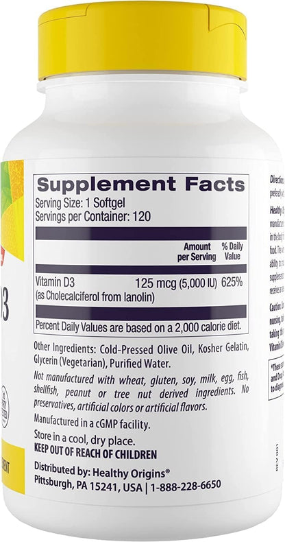 Healthy Origins Vitamin D3 5,000 IU, Lanolin, 360 Softgels