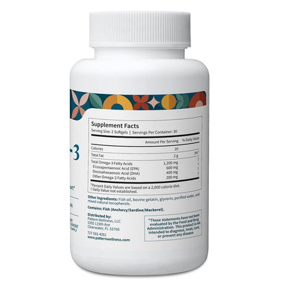 Pattern Wellness Omega 3 Softgels - Pure Fish Oil Formula - Helps Maintain Brain, Heart & Joint Health - 3rd Party Lab Tested - Non-GMO, Dairy-Free, Gluten-Free - 60 Softgels