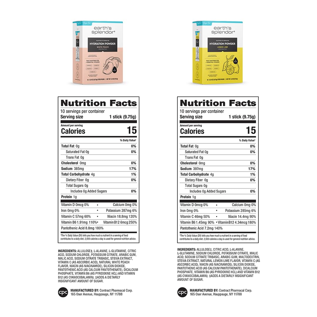 Earth's Splendor Electrolytes Powder Packets Sugar Free White Peach Hydration Sticks with Essential Vitamins for Energy & Sports Performance Travel-Friendly Single-Serve Packets for Daily Use 10 Pack