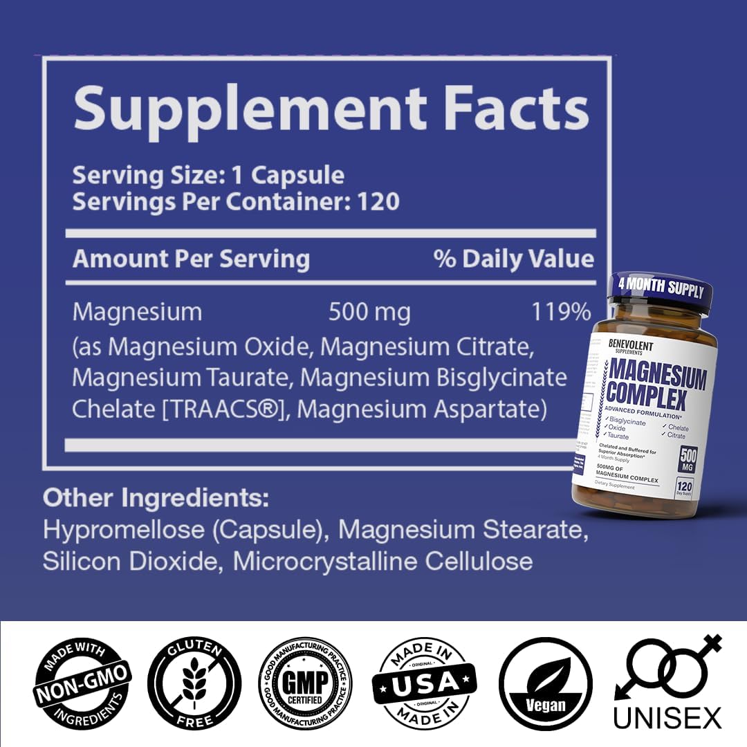 Premium Magnesium Capsules 500mg, High Absorption Formula Chelated Buffered Citrate to Support Digestion, Bone, Sleep & Muscle Health – Magnesium Complex - 120 Capsules