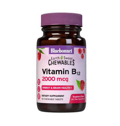 BlueBonnet Nutrition Earth Sweet Vitamin B12 1000 mcg & Folic Acid 400mcg - Brain Health & Energy Vitamins for Women & Men - Vegan, Gluten-Free Raspberry B 12 Vitamin - 90 Chewable Tablets
