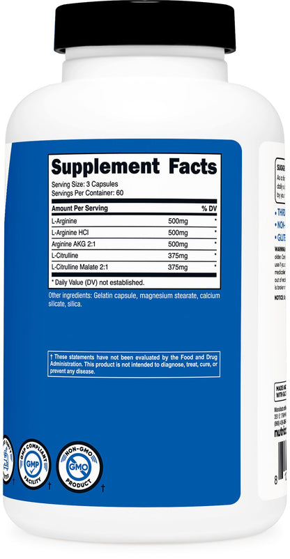 Nutricost Nitric Oxide Booster 750mg, 180 Capsules - 2250mg Per Serving - Gluten Free
