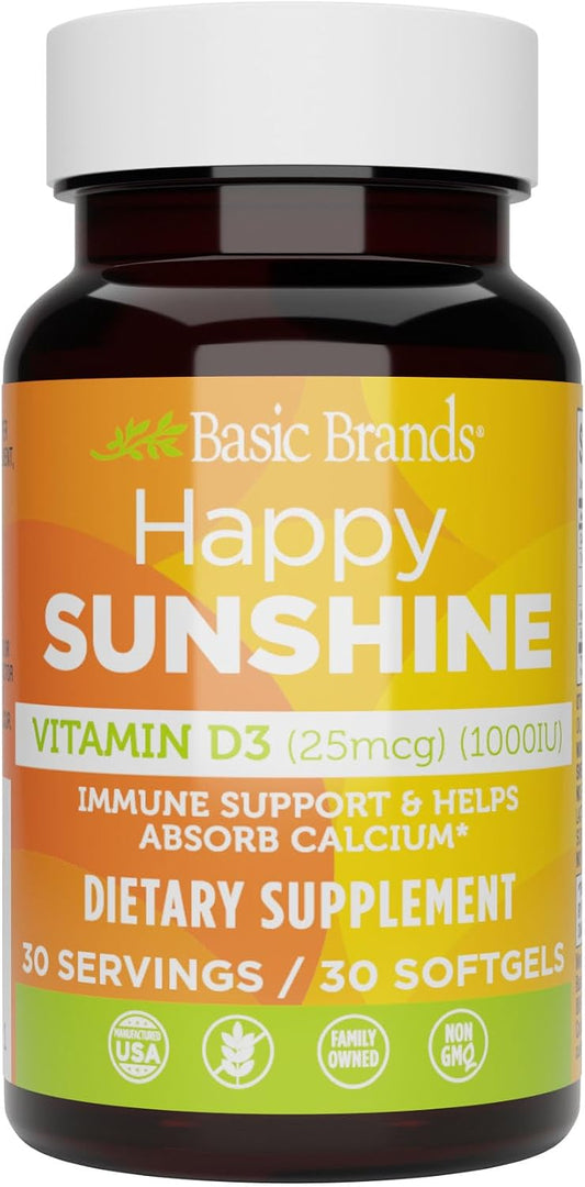 Basic Brands Happy Sunshine Vitamin D3 1000 IU | Immune & Bone Health, Muscle Function, Vitamin D3 25 mcg (1,000 IU), Gluten-Free, Non-GMO, 30 Softgels