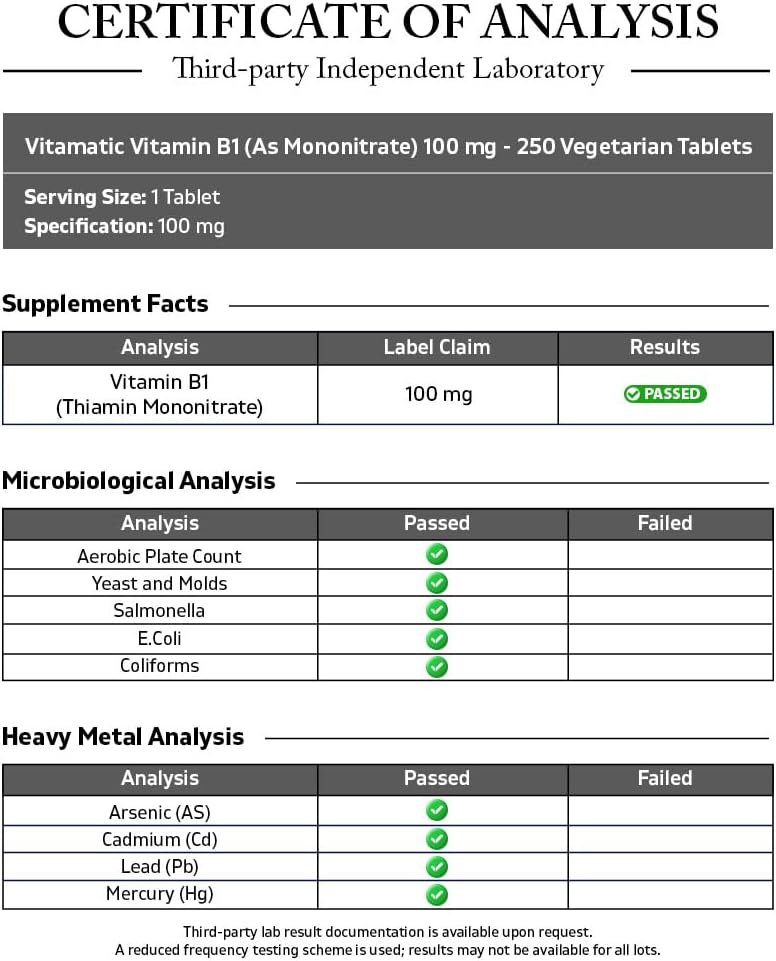 Vitamatic Vitamin B1 100 mg, 250 Tablets, Non-GMO, Thiamine | Support Energy Metabolism & Nervous System Health*, Gluten Free, Made in USA