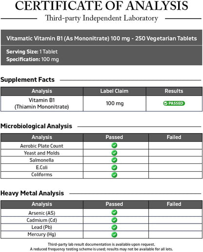 Vitamatic Vitamin B1 100 mg, 250 Tablets, Non-GMO, Thiamine | Support Energy Metabolism & Nervous System Health*, Gluten Free, Made in USA