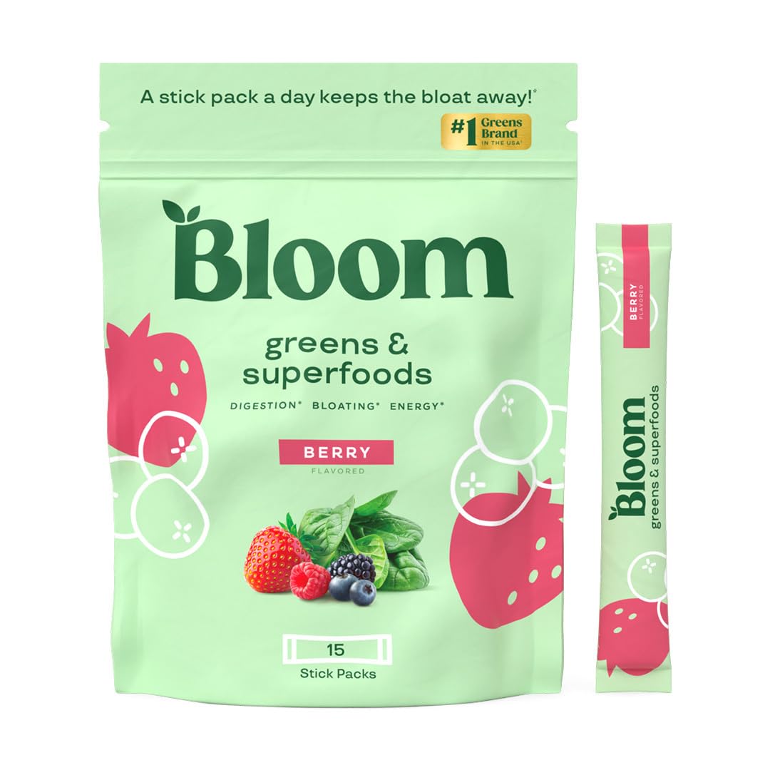 Bloom Nutrition Superfood Greens Powder, Berry, 30 Servings | Digestive Enzymes with Probiotics and Prebiotics, Gut Health, Bloating Relief for Women, Chlorella, Green Juice Mix