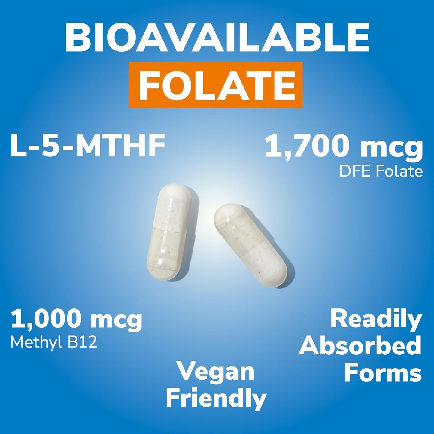Vitalibre Methyl Folate 1000 mcg, L-5-MTHF with Methylcobalamin B12, Heart & Blood Health, Healthy Nervous System, Energy Support, Vegan, Bioactive Form, Best Absorption, 60 Capsules