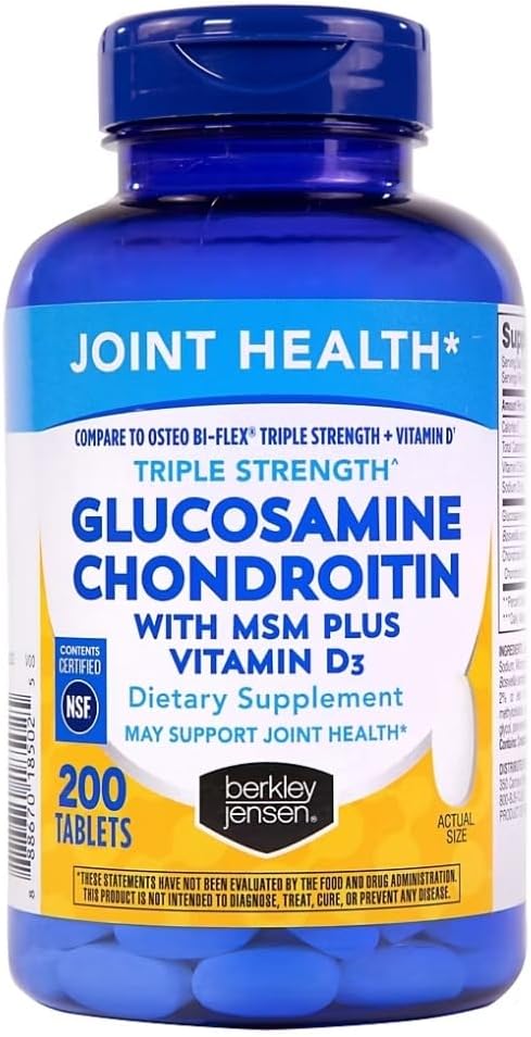 Berkley Jensen Glucosamine Chondroitin Triple Strength Complex with MSM and D3 Joint Supplement Tablets for Joint Support and Cartilages, NSF Certified, 200 Count (Pack of 1)