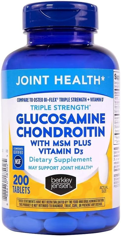 Berkley Jensen Glucosamine Chondroitin Triple Strength Complex with MSM and D3 Joint Supplement Tablets for Joint Support and Cartilages, NSF Certified, 200 Count (Pack of 1)