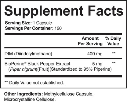 NutriFlair DIM 400mg with BioPerine, 120 Capsules - High Potency Diindolylmethane Supplement - for Men & Women - Vegan, Non-GMO - 4 Month Supply
