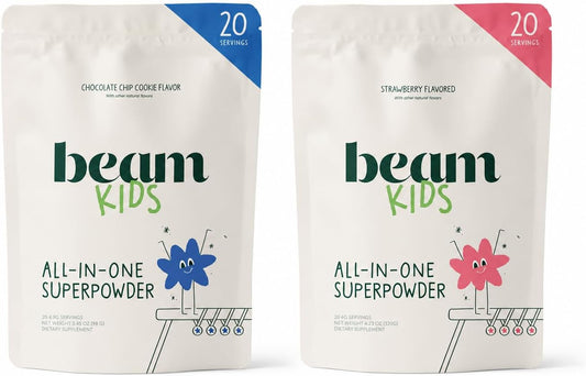BEAM Kids Bundle, Chocolate Chip Cookie and Strawberry Milk Flavor, Multivitamin Powder – Kids Vitamins with Greens, Probiotic & Prebiotic, Immune Support for Children & Toddlers