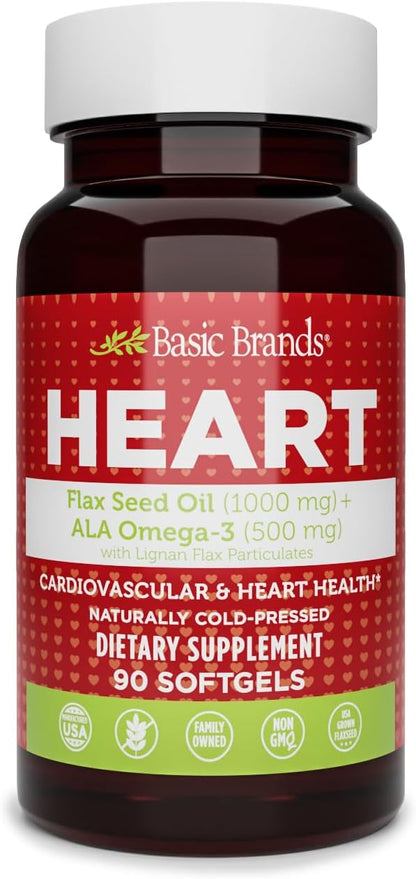 Basic Brands Smart Heart Flaxseed Oil, 1000 mg 90 Softgels | ALA Omega-3 & Lignans, Cold-Pressed, Plant-Based Omega-3, Heart, Brain & Skin, Non-GMO