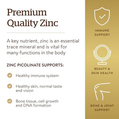 Solgar Zinc Picolinate 22 mg, 100 Tablets - Promotes Healthy Skin - Supports Immune System, Normal Taste & Vision - Antioxidant – Non-GMO, Vegan, Gluten Free, Kosher - 100 Servings