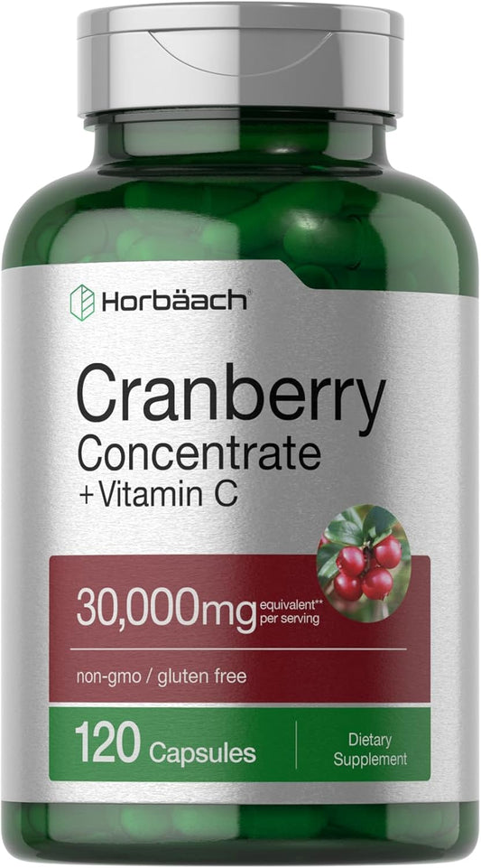 Horbäach Cranberry Concentrate Extract Pills + Vitamin C | 120 Capsules | Supplement for Women and Men | Triple Strength Ultimate Potency Formula | Non-GMO and Gluten Free