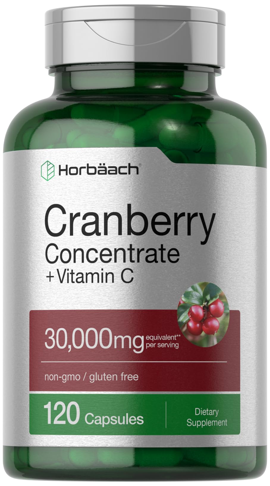Horbaach Cranberry Concentrate Extract Pills + Vitamin C | 30,000mg | 120 Capsules 