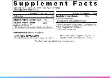 Livingood Daily Pre Pro Post Biotics Blend Powder, Digestive Health Supplement with Prebiotics from Organic Blue Agave Inulin, SBO Probiotics, Probiotics for Women & Men, Non GMO, Vegan, 30 Servings