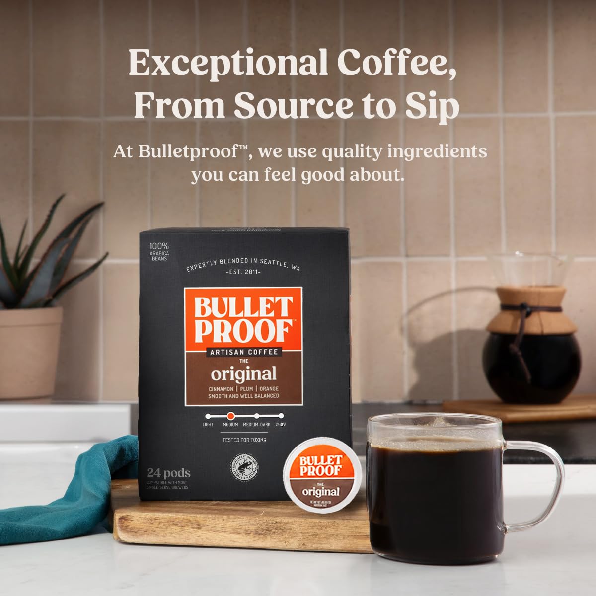 Bulletproof Original Medium-Roast Single-Serve Coffee Pods, 24 Count, 100% Arabica Beans, Clean Coffee Tested for Toxins