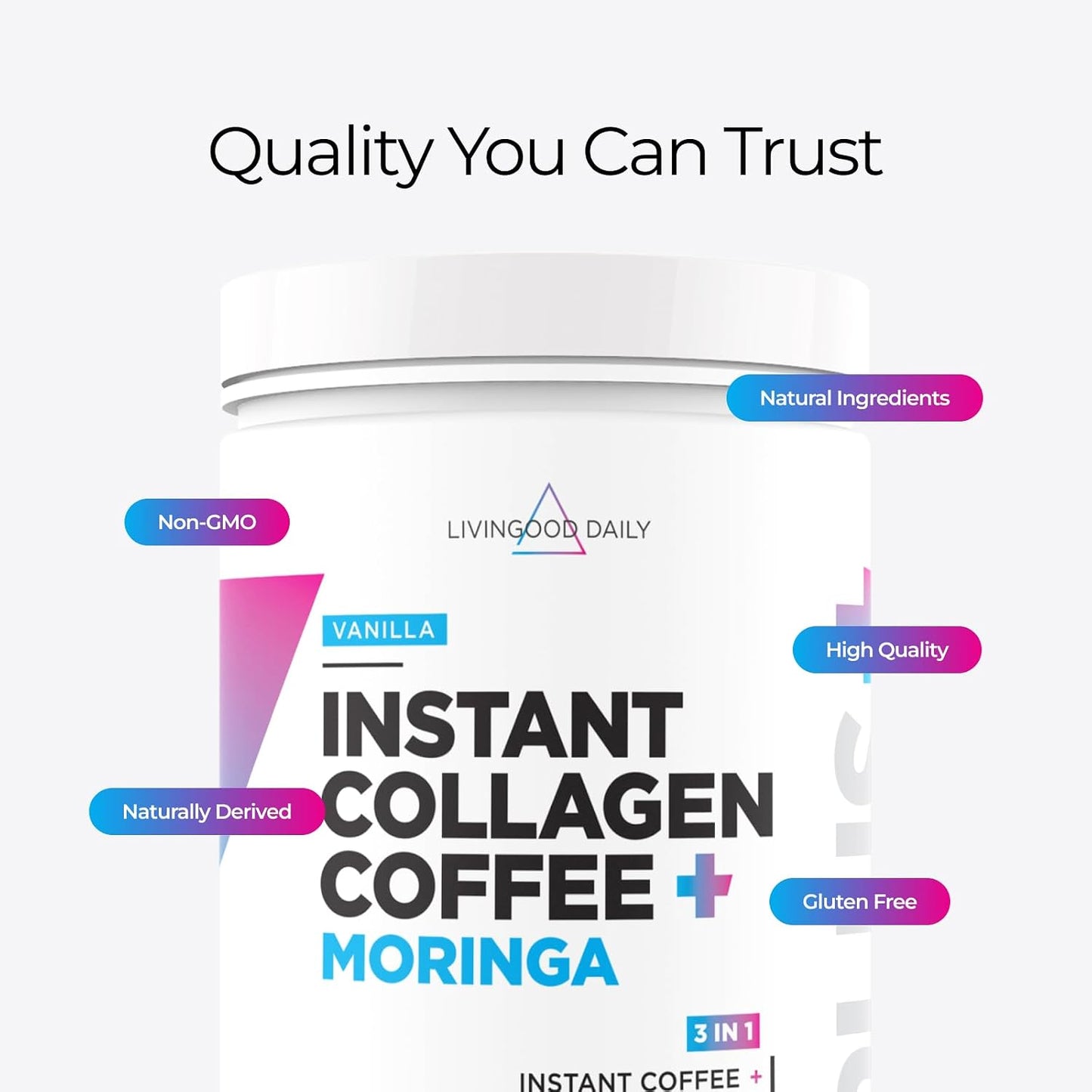 Livingood Daily Instant Collagen Coffee with Moringa, Vanilla - Instant Ground Coffee - Low Acid, Shade Grown & Made with Organic Coffee - Metabolism, Detox & Energy Boosting - 12 Oz