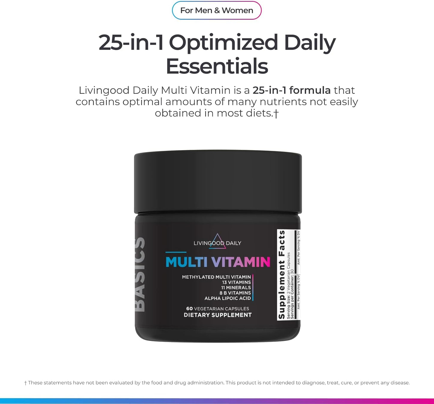 Livingood Daily Methylated Multivitamin for Women and Men, Multi Vitamin Supplement with Alpha Lipoic Acid, B Vitamins, Iron, Zinc and Selenium, Energy, Metabolism and Immune Support, 60 Capsules