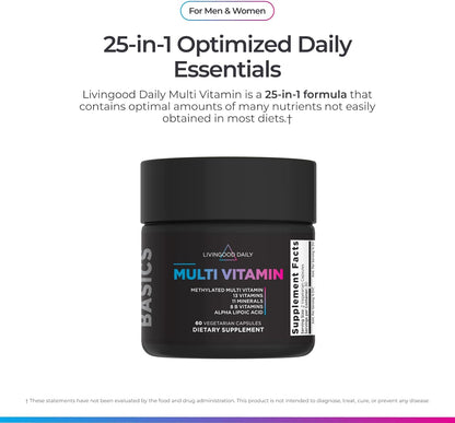 Livingood Daily Methylated Multivitamin for Women and Men, Multi Vitamin Supplement with Alpha Lipoic Acid, B Vitamins, Iron, Zinc and Selenium, Energy, Metabolism and Immune Support, 60 Capsules