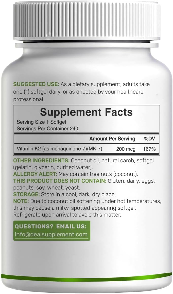 DEAL SUPPLEMENT Vitamin K2 MK-7 200mcg Per Serving, 240 Coconut Oil Softgels | Easily Absorbed Menaquinone-7 Form | Bone, Joint, & Immune Support – Non-GMO