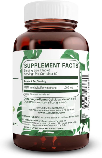 Natural Nutra OptiMSM, MSM Supplement with Sulfur 1000 mg, 120 Vegan Tabs | Cartilage Health, Prevent Thinning Hair, Increase Joint Flexibility and Bone Health, Support Fluid balance, Weight loss