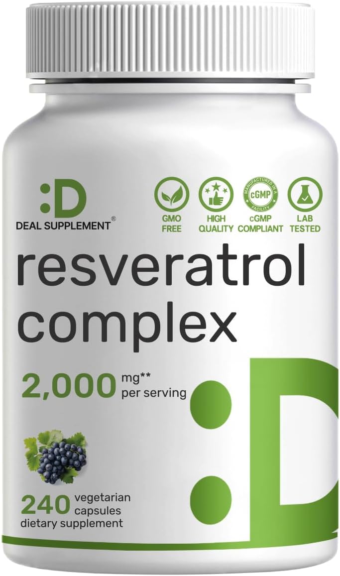 DEAL SUPPLEMENT Resveratrol Complex, 240 Veggie Capsules – Trans-Resveratrol Supplement with NAD, Quercetin, Turmeric, CoQ10, & More | Non-GMO, Gluten Free