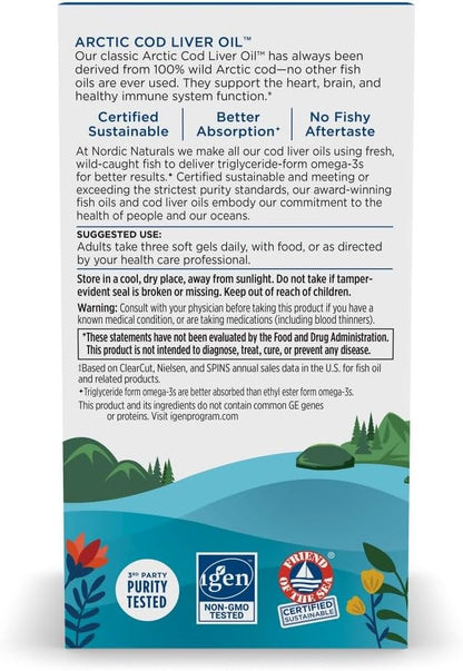 Nordic Naturals Arctic Cod Liver Oil, Lemon - 180 Soft Gels - 750 mg Total Omega-3s with EPA & DHA - Heart & Brain Health, Healthy Immunity, Overall Wellness - Non-GMO - 60 Servings | 750mg Total Omega-3s per serving. Heart & brain health, immunity suppor