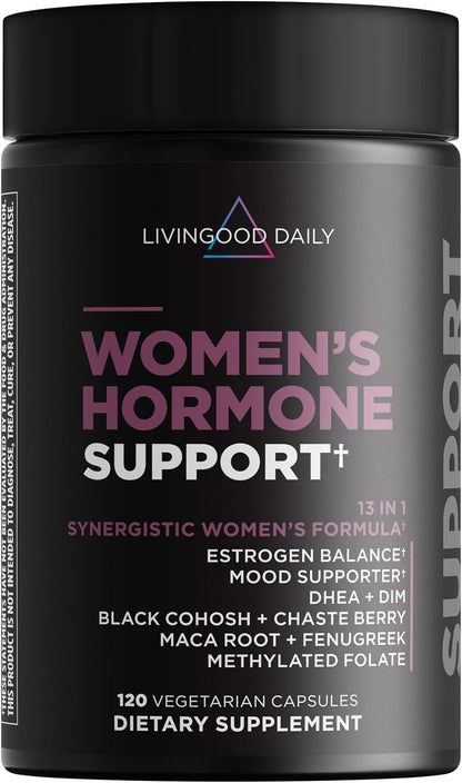 Livingood Daily Women’s Hormone Support Supplement, Estrogen Balance with Fenugreek, Black Cohosh, Chasteberry, DIM, Natural PMS & Menopause Support, Non GMO, Gluten Free, Vegetarian Capsules, 120 Ct