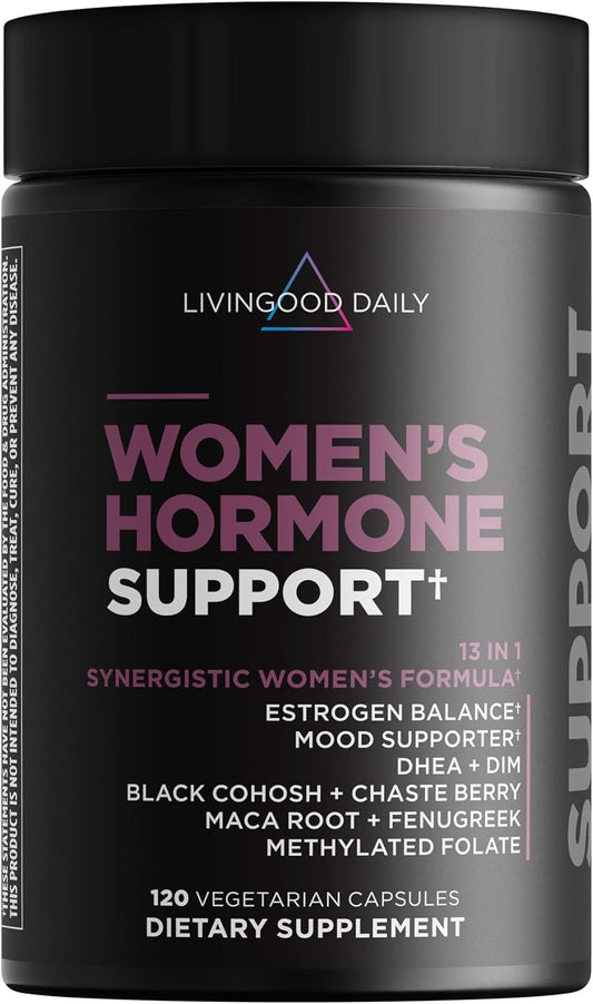 Livingood Daily Women’s Hormone Support Supplement, Estrogen Balance with Fenugreek, Black Cohosh, Chasteberry, DIM, Natural PMS & Menopause Support, Non GMO, Gluten Free, Vegetarian Capsules, 120 Ct