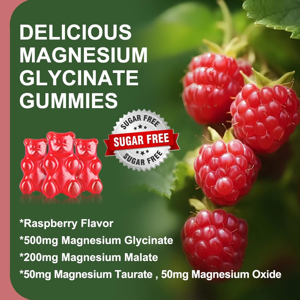(2 Pack Sugar Free Magnesium Glycinate Gummies, 500mg Magnesium Glycinate with 200mg Magnesium Malate, Taurate, Oxide, COQ10, Vitamin B6 and D3, Sleep & Calm Support, 120 Raspberry Gummies