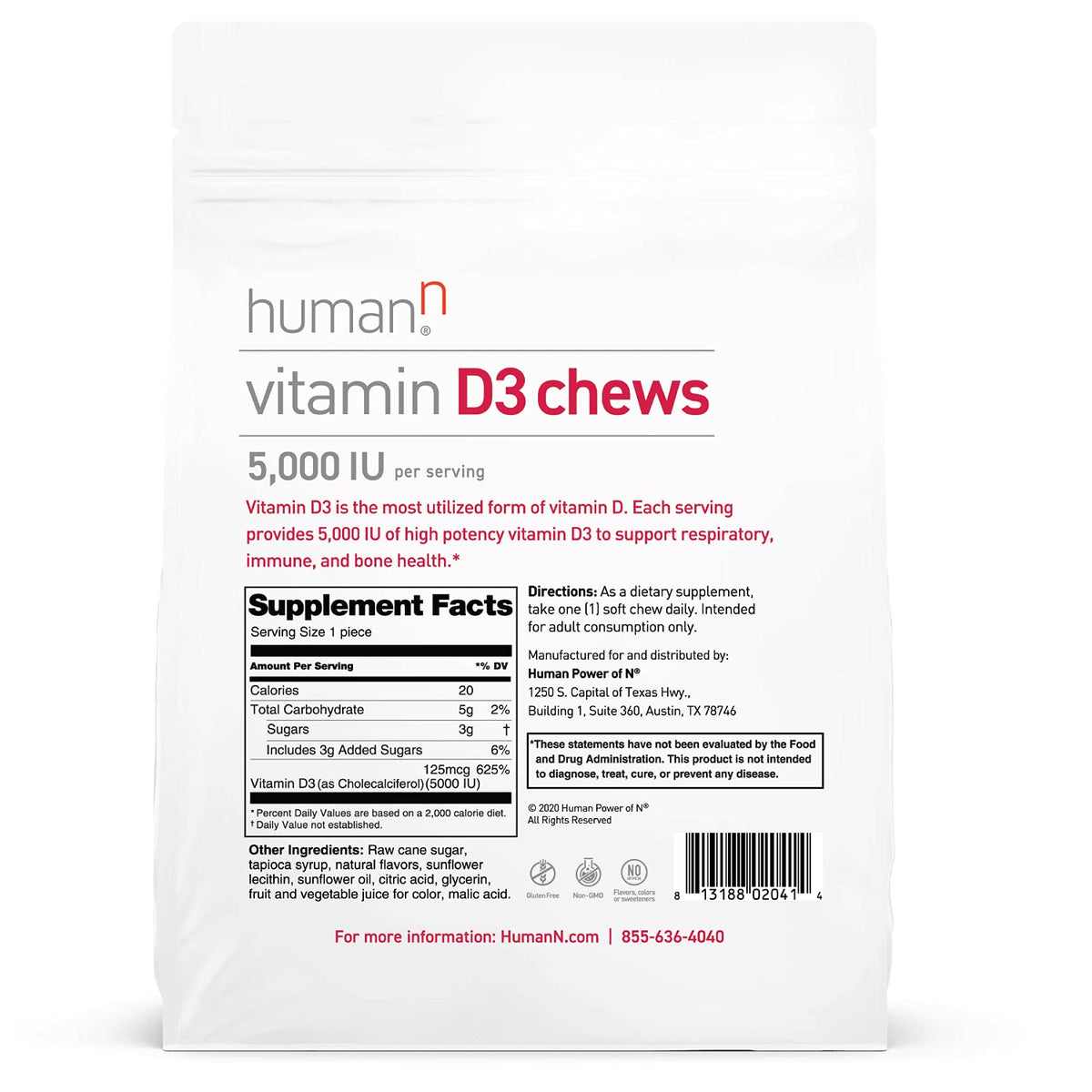 humanN Vitamin D3 Chews - High Potency Vitamin D3 5000iu (125mcg) Helps Support