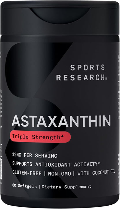 Sports Research® Triple Strength Astaxanthin 12mg w/Organic Coconut Oil - Antioxidant Supplement for Skin & Eye Health Support* - Soy Free · Non-GMO · Gluten Free - 60 Softgels