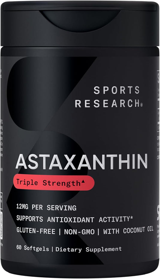 Sports Research® Triple Strength Astaxanthin 12mg w/Organic Coconut Oil - Antioxidant Supplement for Skin & Eye Health Support* - Soy Free · Non-GMO · Gluten Free - 60 Softgels