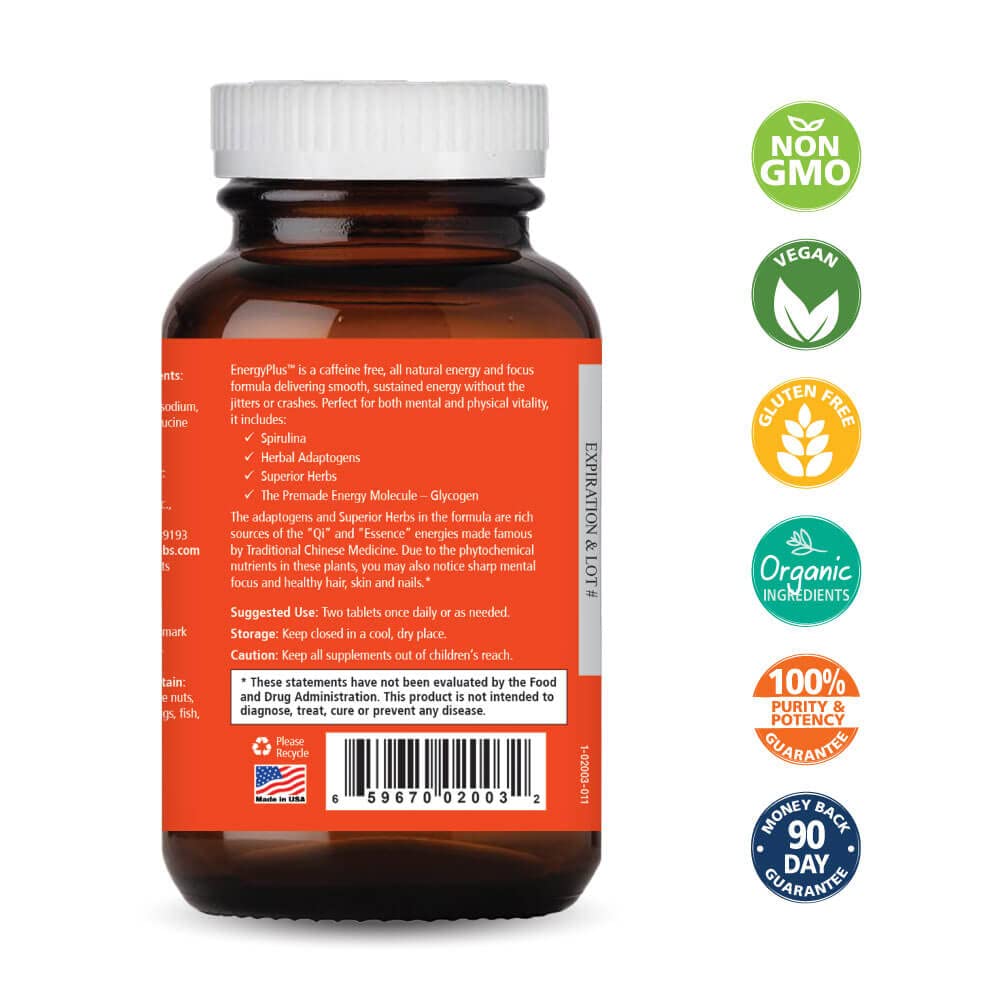 Energy Plus by Pure Essence - Caffeine Free, All Natural Herbal Energy and Focus Supplement - Smooth, No Jitters No Crash - 60 Tablets