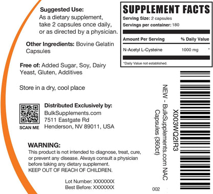BulkSupplements.com NAC 1000 mg Capsules - N-Acetyle Cysteine 1000mg, NAC Supplement, NAC1000mg - NAC Capsules, Gluten Free - 2 Capsules per Serving, 180-Day Supply, 360 Capsules
