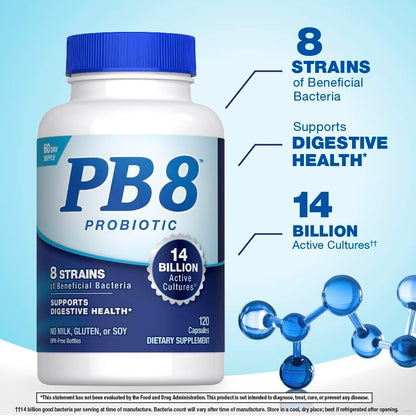 PB8 Probiotic | 14 Billion CFU | 120 Capsules | 8 Strains | for Women and Men | Gluten, Soy, and Milk Free Supplement