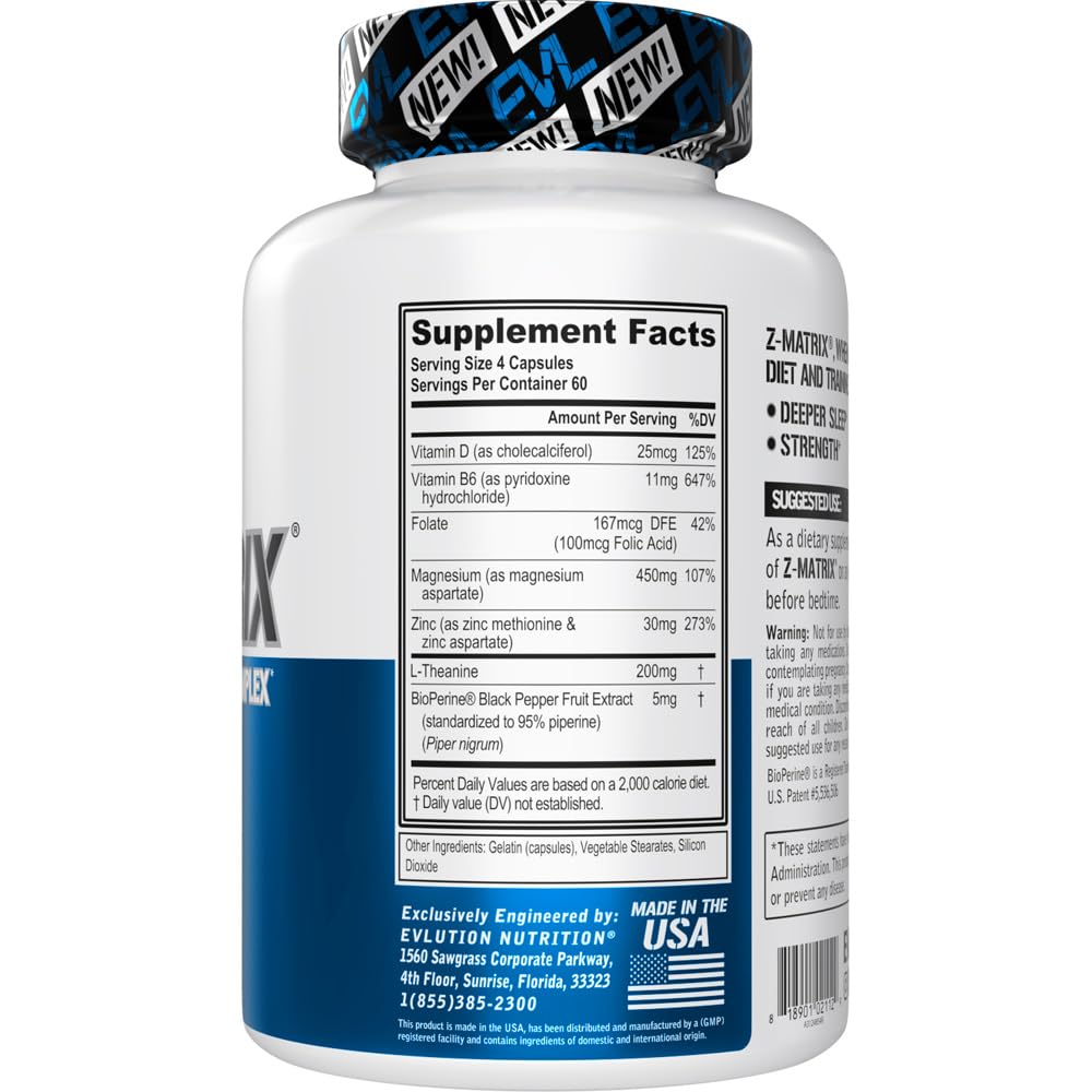 EVL Post Workout Recovery Supplement - Magnesium and Zinc - ZMatrix Zinc Magnesium Aspartate Muscle Recovery Supplement for Sleep Support and Muscle Health