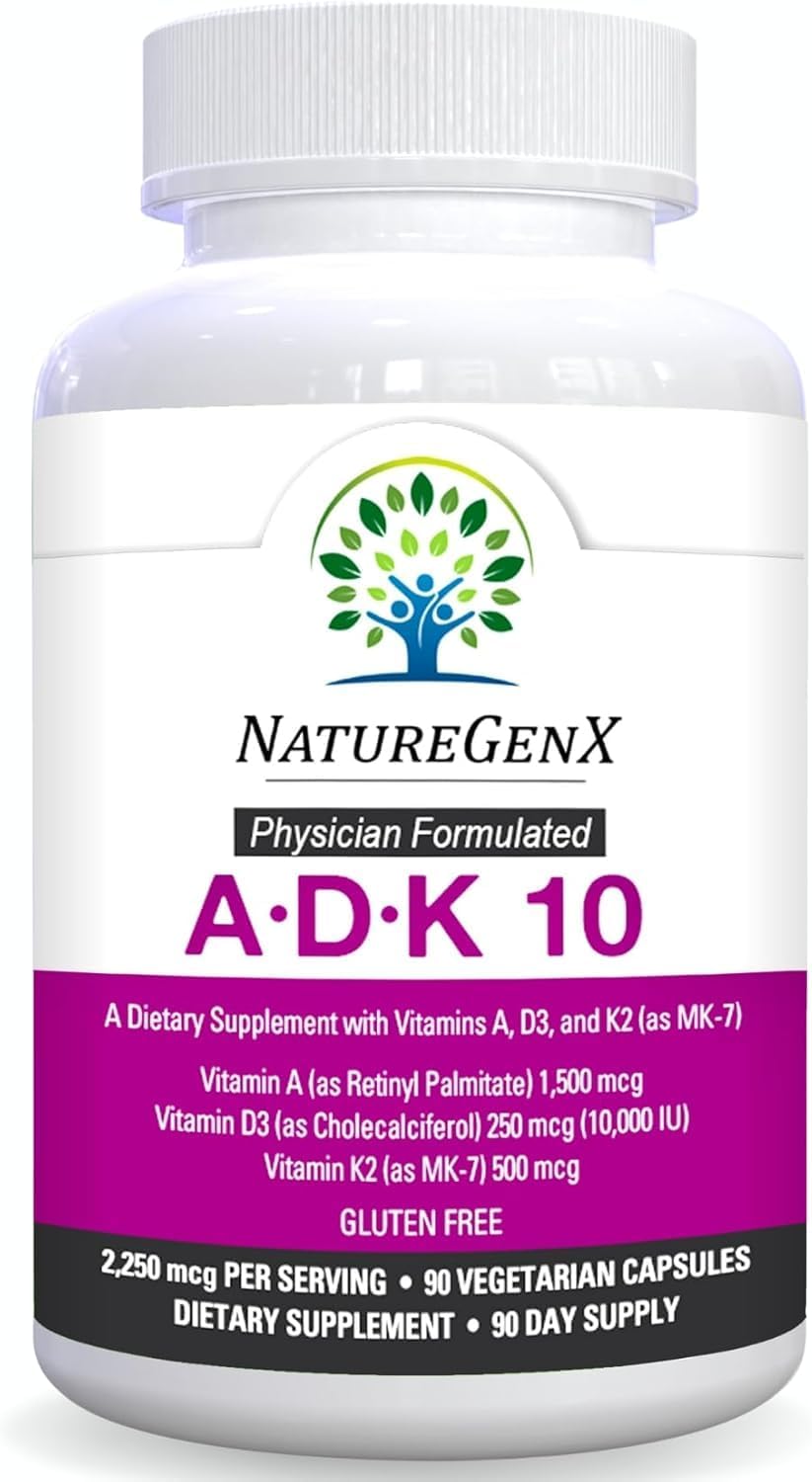 NatureGenX ADK10 – Vitamins A, D3 250 mcg & K2 MK-7 for Bone, Heart & Immune Health – Non-GMO, Gluten-Free, Soy-Free – 90 Capsules (3-Month Supply) | For Bone, Heart & Immune Health - Non-GMO, Gluten-Free, Soy-Free - 90 Capsules (3-Month Supply)