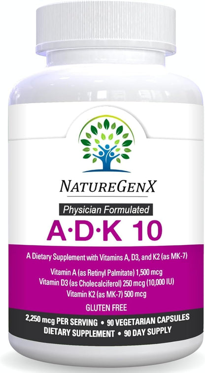 NatureGenX ADK10 – Vitamins A, D3 250 mcg & K2 MK-7 for Bone, Heart & Immune Health – Non-GMO, Gluten-Free, Soy-Free – 90 Capsules (3-Month Supply) | For Bone, Heart & Immune Health - Non-GMO, Gluten-Free, Soy-Free - 90 Capsules (3-Month Supply)