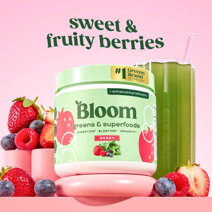 Bloom Nutrition Superfood Greens Powder, Berry, 30 Servings | Digestive Enzymes with Probiotics and Prebiotics, Gut Health, Bloating Relief for Women, Chlorella, Green Juice Mix