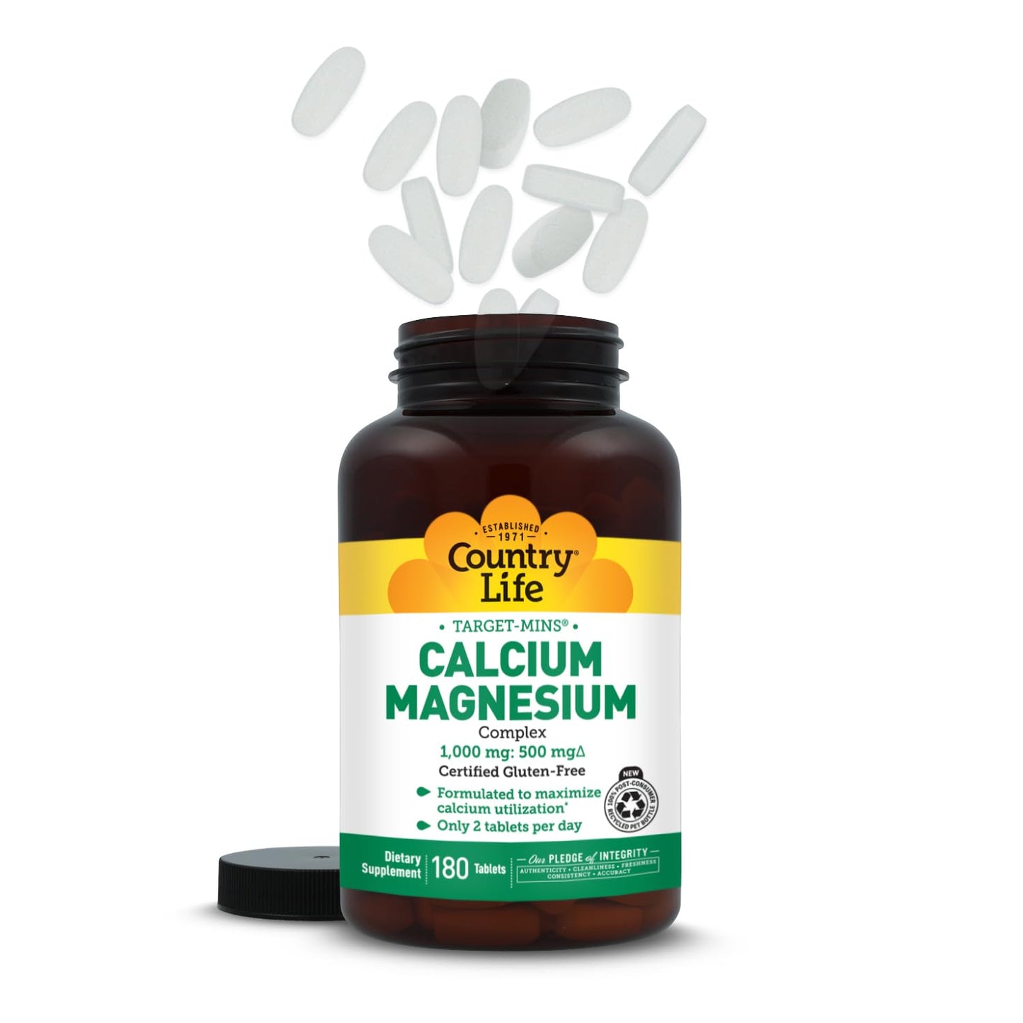 Country Life Target-Mins Calcium Magnesium Supplement for Bone Health, 1000mg Calcium, 500mg Magnesium, Gluten Free, 2:1 Ratio for Optimal Utilization