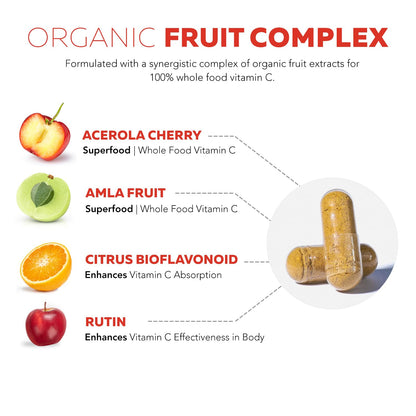 Organic Vitamin C | Whole Food Vitamin C from Fruit Plus Absorption Enhancing Cofactors - Vegan, Enhanced Bioavailability - Immune Support, Antioxidant, Total Health (90 Servings)