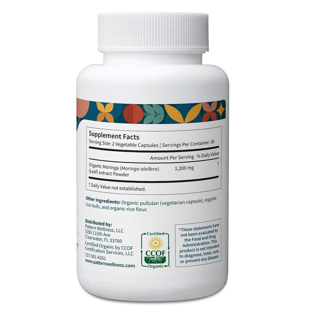 Pattern Wellness Organic Moringa Oleifera Supplement – Antioxidant Support & Cell Function – Whole Leaf Complete Formula – Vegan, Non-GMO– 60 Capsules
