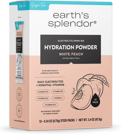 Earth's Splendor Electrolytes Powder Packets Sugar Free White Peach Hydration Sticks with Essential Vitamins for Energy & Sports Performance Travel-Friendly Single-Serve Packets for Daily Use 10 Pack